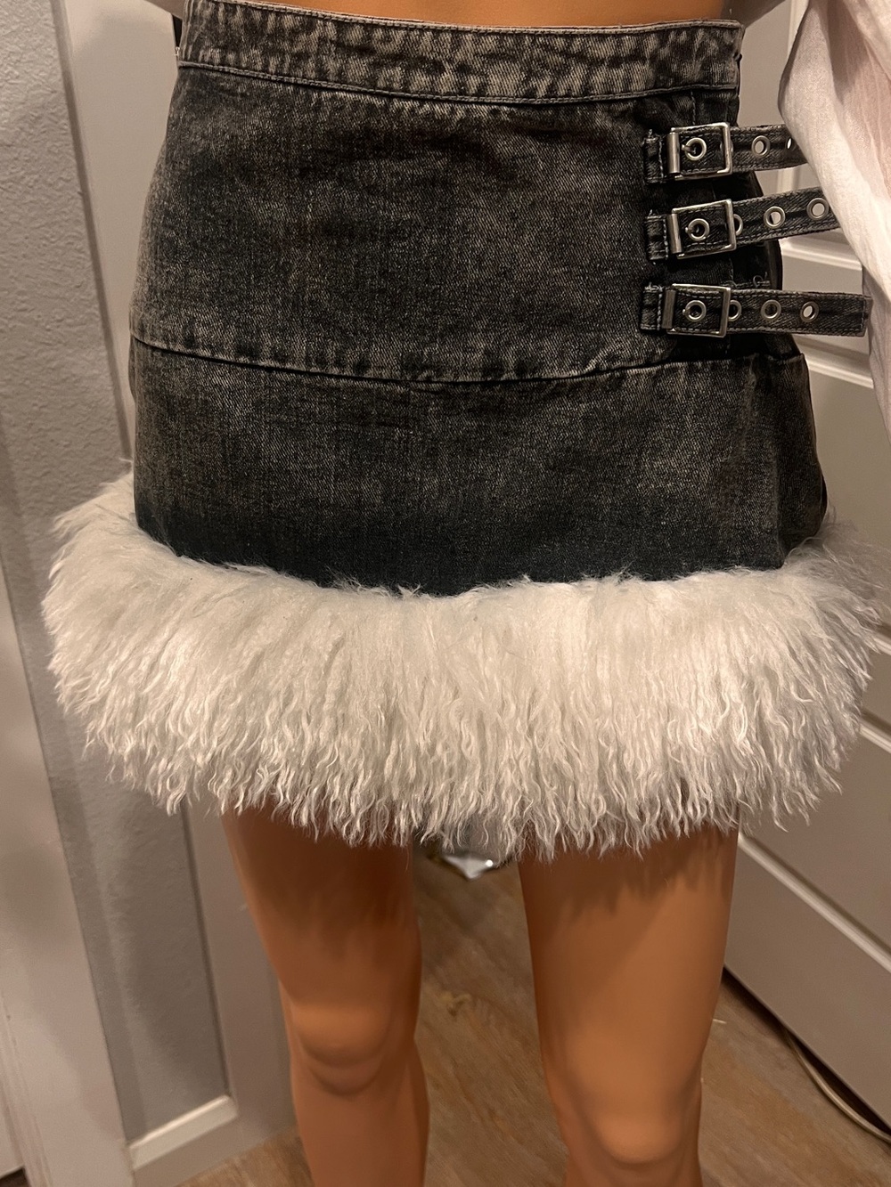 PrettyLittleThing Black Denim Mini Skirt with White Faux Fur Hem